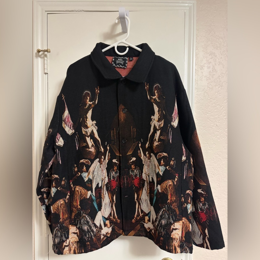 Rebel Vengeance AOP Tapestry Shirt Jacket Mens Artsy L Fall Of The Angels NWT